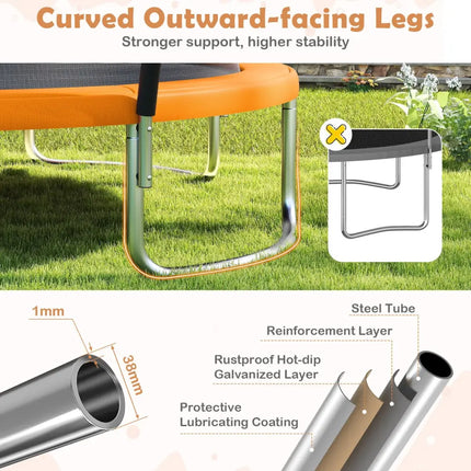 10FT Outdoor Trampoline Heavy-Duty Recreational Trampoline with Safety Enclosure Net-Orange - Orange - Trampolines