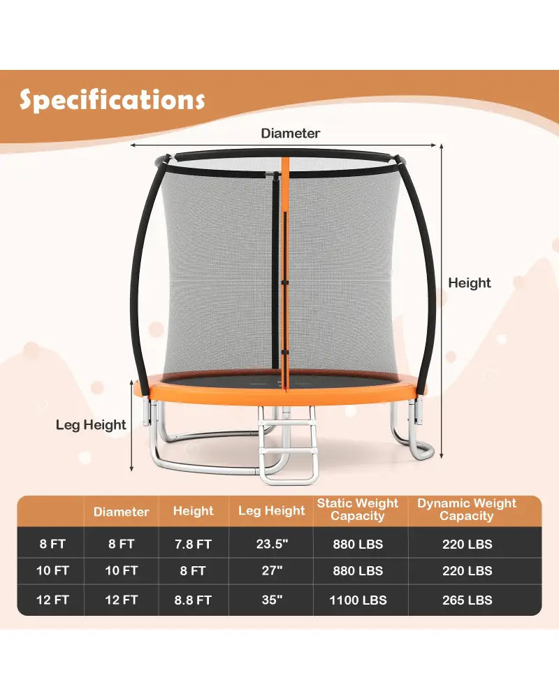 10FT Outdoor Trampoline Heavy-Duty Recreational Trampoline with Safety Enclosure Net-Orange - Orange - Trampolines