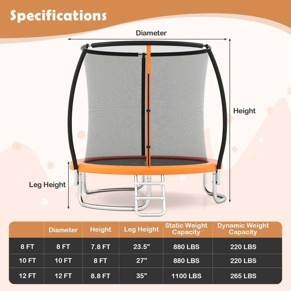 10FT Outdoor Trampoline Heavy-Duty Recreational Trampoline with Safety Enclosure Net-Orange - Orange - Trampolines