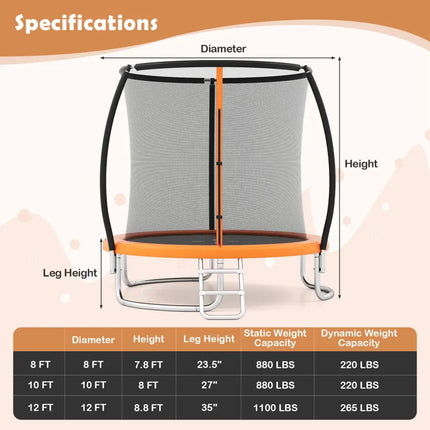 10FT Outdoor Trampoline Heavy-Duty Recreational Trampoline with Safety Enclosure Net-Orange - Orange - Trampolines