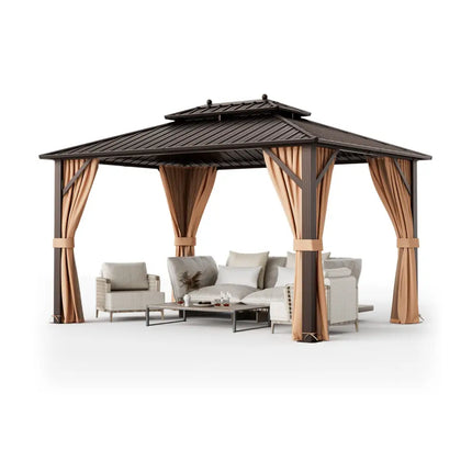 10x13ft Double-Roof Patio Hardtop Gazebo with Galvanized Steel Roof Netting and Curtains-Coffee - Coffee - Gazebos