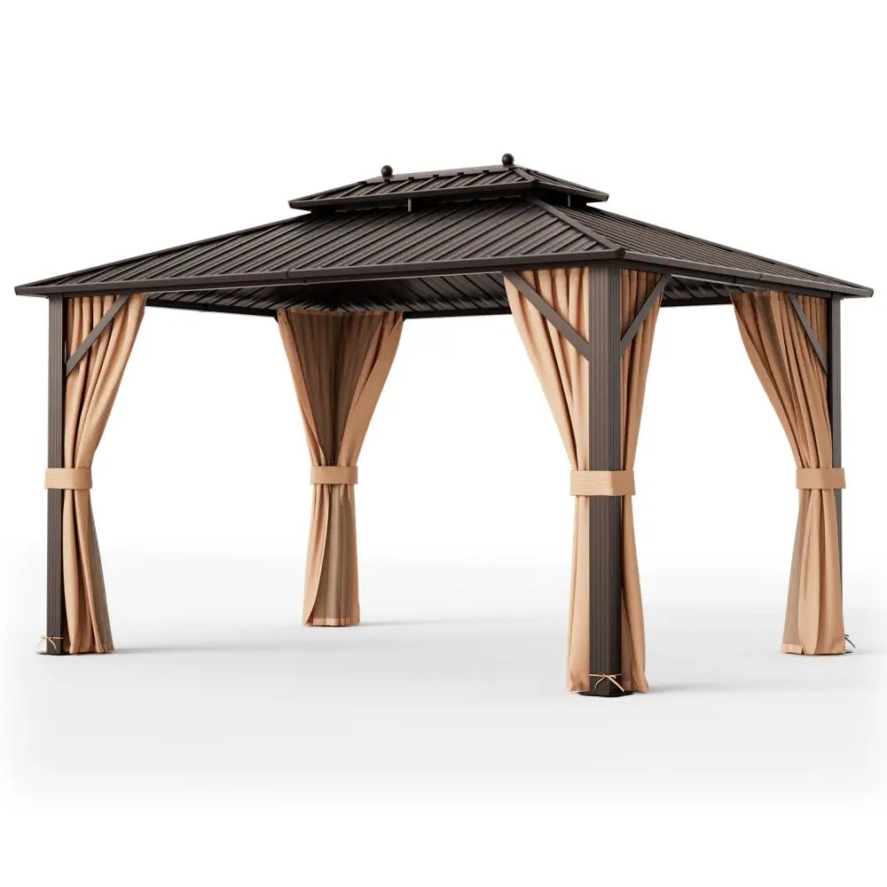 10x13ft Double-Roof Patio Hardtop Gazebo with Galvanized Steel Roof Netting and Curtains-Coffee - Coffee - Gazebos