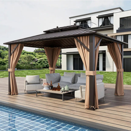10x13ft Double-Roof Patio Hardtop Gazebo with Galvanized Steel Roof Netting and Curtains-Coffee - Coffee - Gazebos