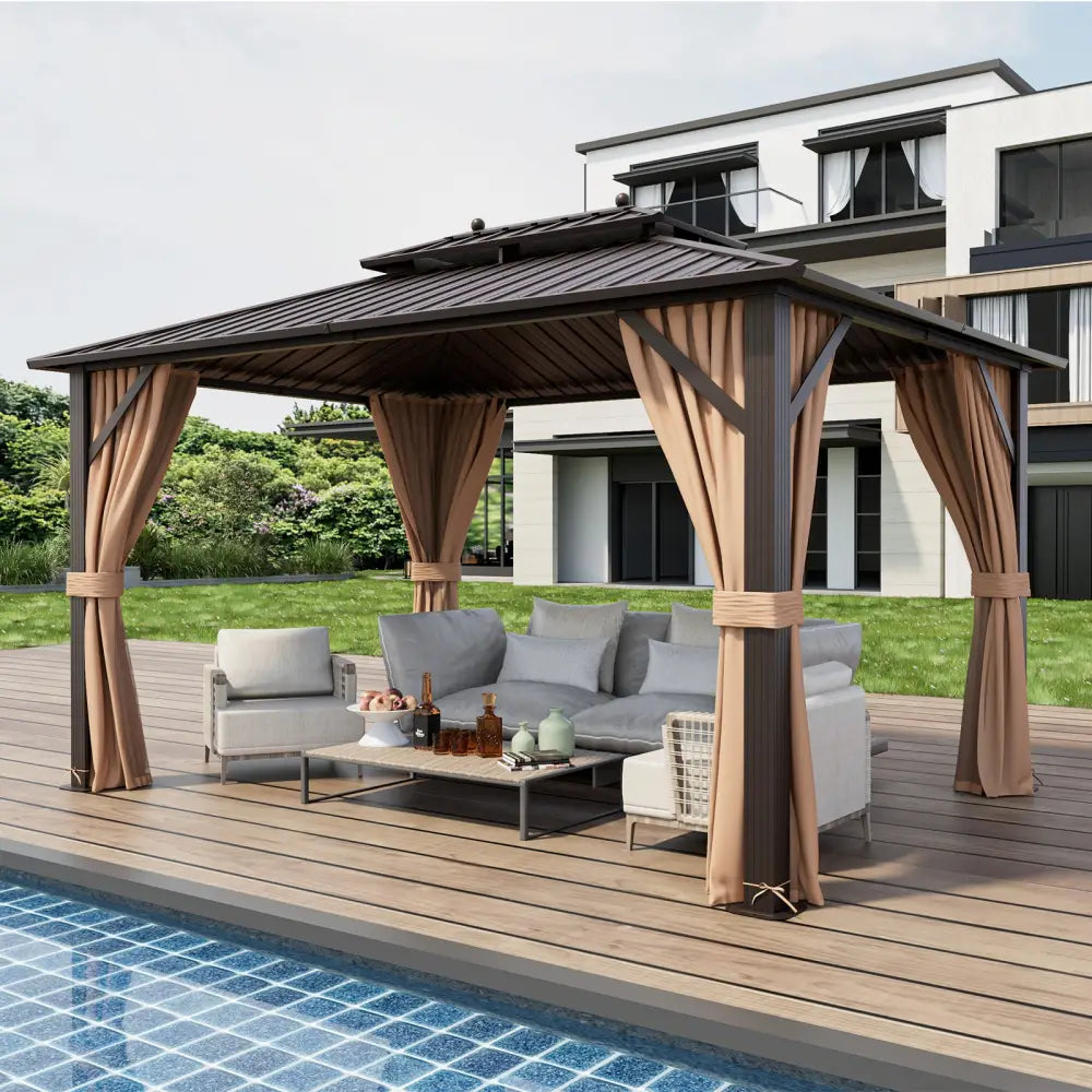 10x13ft Double-Roof Patio Hardtop Gazebo with Galvanized Steel Roof Netting and Curtains-Coffee - Coffee - Gazebos