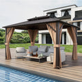 10x13ft Double-Roof Patio Hardtop Gazebo with Galvanized Steel Roof Netting and Curtains-Coffee - Coffee - Gazebos