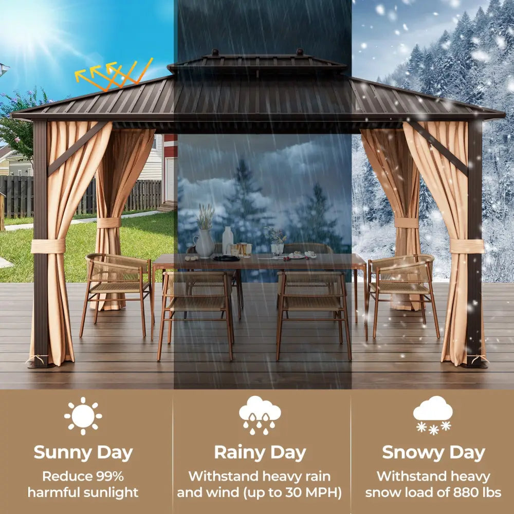 10x13ft Double-Roof Patio Hardtop Gazebo with Galvanized Steel Roof Netting and Curtains-Coffee - Coffee - Gazebos