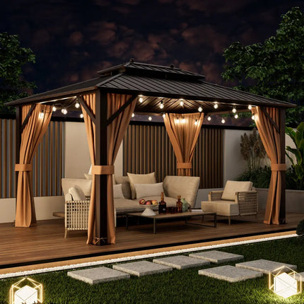 10x13ft Double-Roof Patio Hardtop Gazebo with Galvanized Steel Roof Netting and Curtains-Coffee - Coffee - Gazebos
