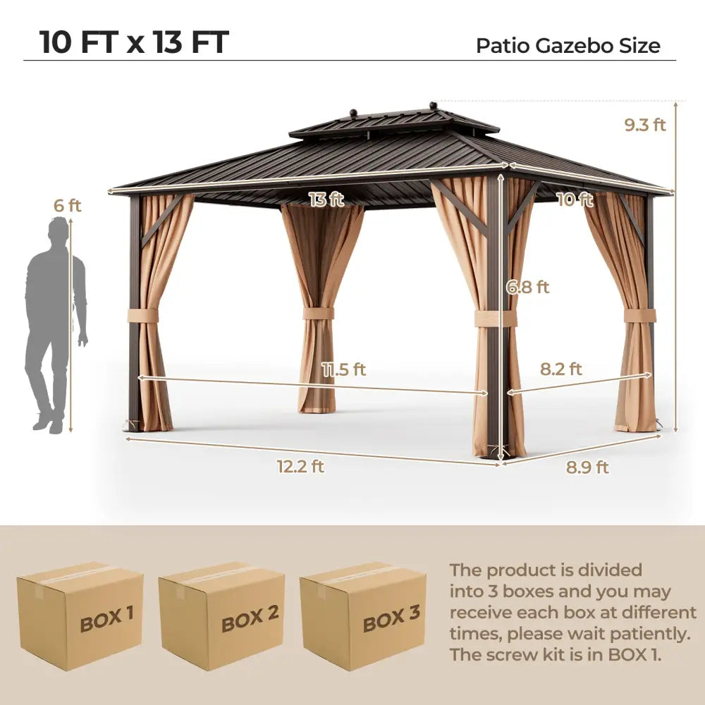 10x13ft Double-Roof Patio Hardtop Gazebo with Galvanized Steel Roof Netting and Curtains-Coffee - Coffee - Gazebos