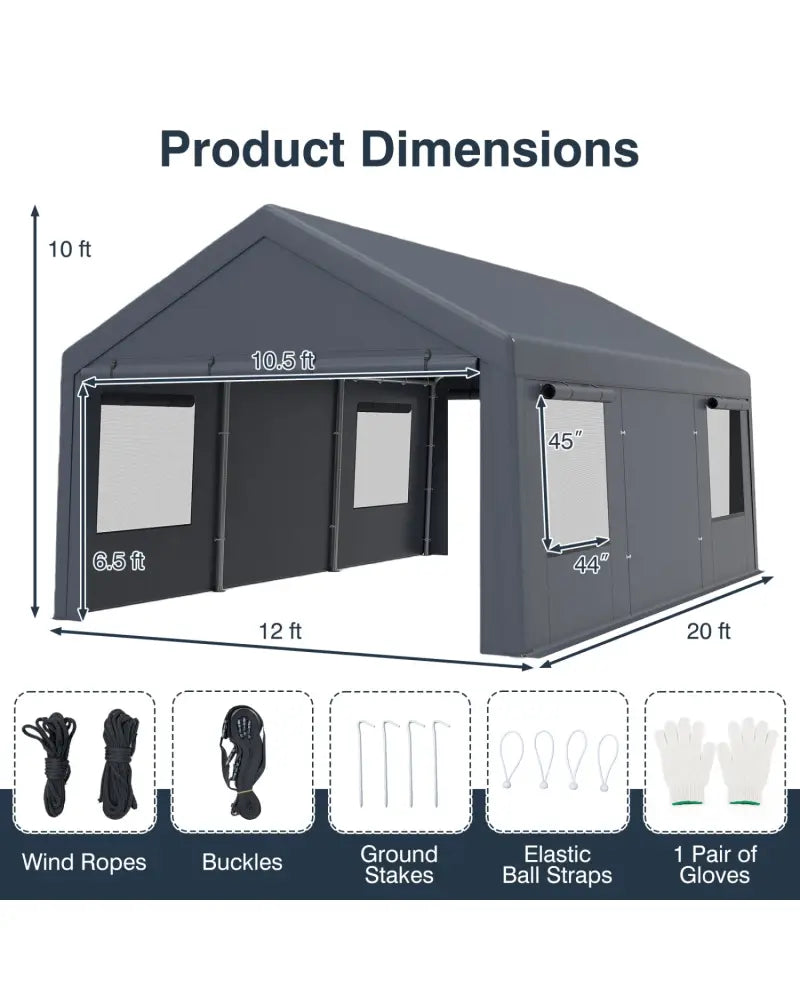 10x20 FT Portable Garage with 2 Doors & 4 Mesh Windows and PE Cover for Car-Gray - Gray - Garages
