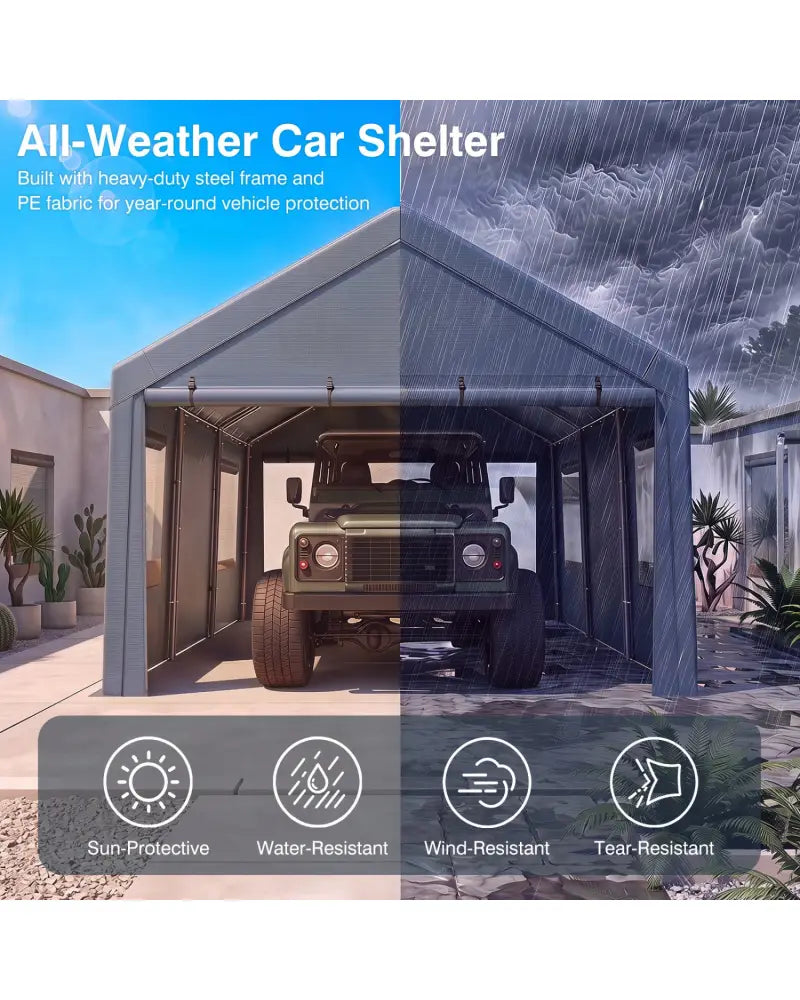 10x20 FT Portable Garage with 2 Doors & 4 Mesh Windows and PE Cover for Car-Gray - Gray - Garages