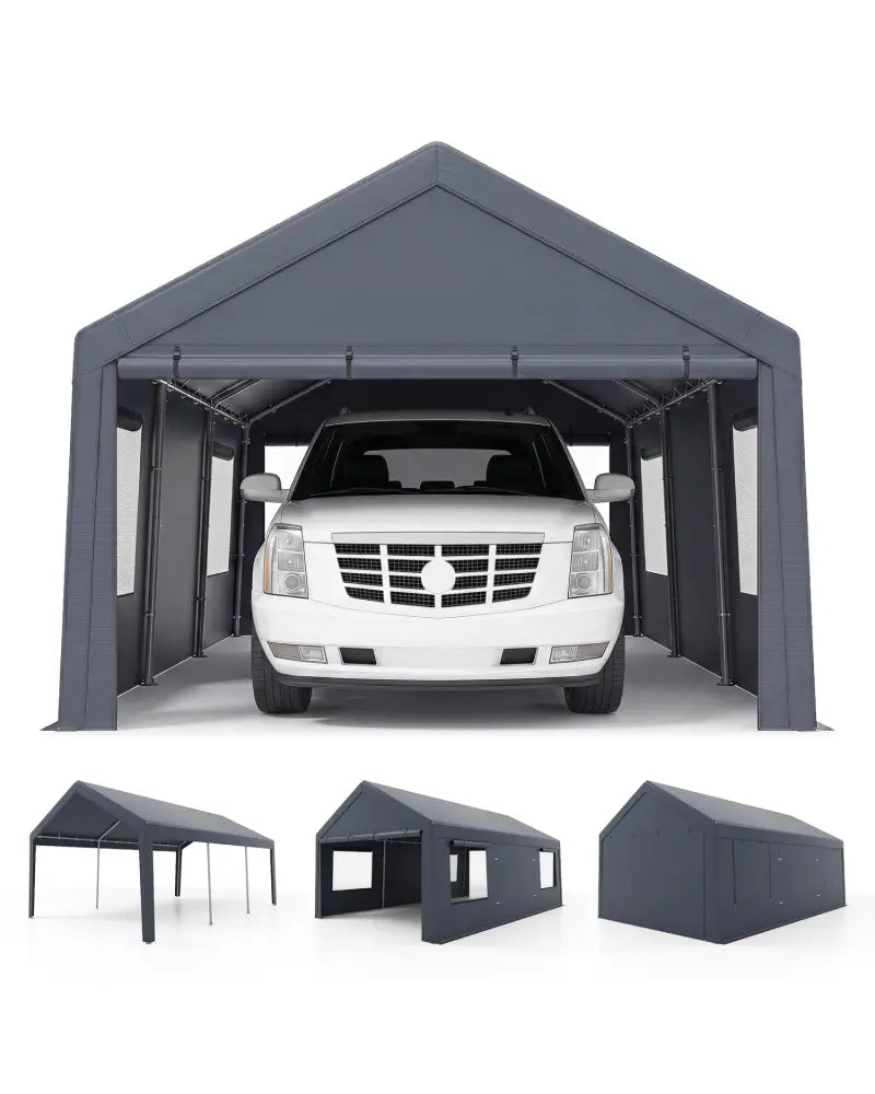 10x20 FT Portable Garage with 2 Doors & 4 Mesh Windows and PE Cover for Car-Gray - Gray - Garages