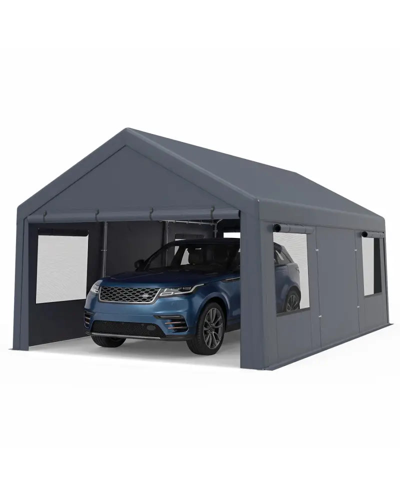10x20 FT Portable Garage with 2 Doors & 4 Mesh Windows and PE Cover for Car-Gray - Gray - Garages