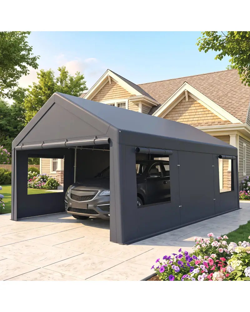 10x20 FT Portable Garage with 2 Doors & 4 Mesh Windows and PE Cover for Car-Gray - Gray - Garages