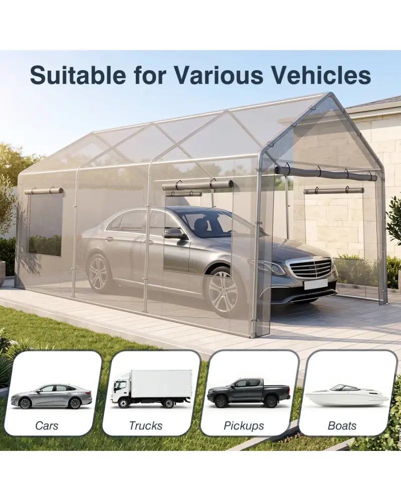 10x20 FT Portable Garage with 2 Doors & 4 Mesh Windows and PE Cover for Car-Gray - Gray - Garages