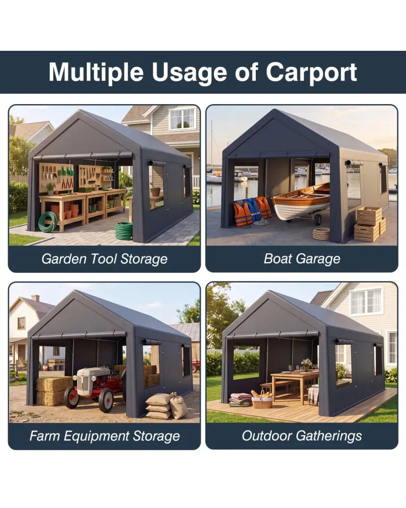 10x20 FT Portable Garage with 2 Doors & 4 Mesh Windows and PE Cover for Car-Gray - Gray - Garages