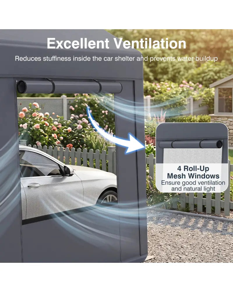 10x20 FT Portable Garage with 2 Doors & 4 Mesh Windows and PE Cover for Car-Gray - Gray - Garages