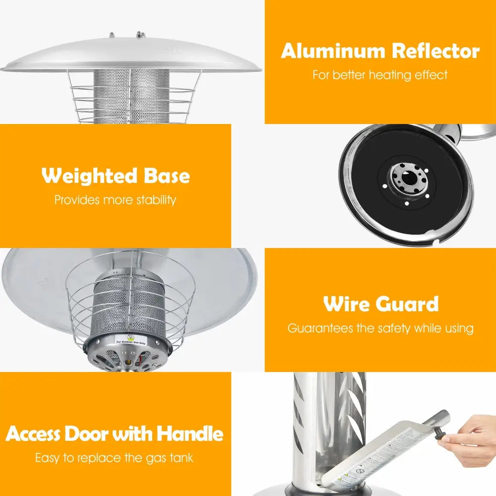 11 000BTU Portable Tabletop Patio Stainless Steel Standing Propane Heater - Silver - Patio Heaters