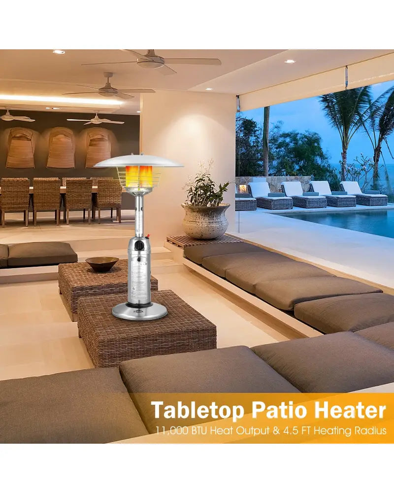 11 000BTU Portable Tabletop Patio Stainless Steel Standing Propane Heater - Silver - Patio Heaters