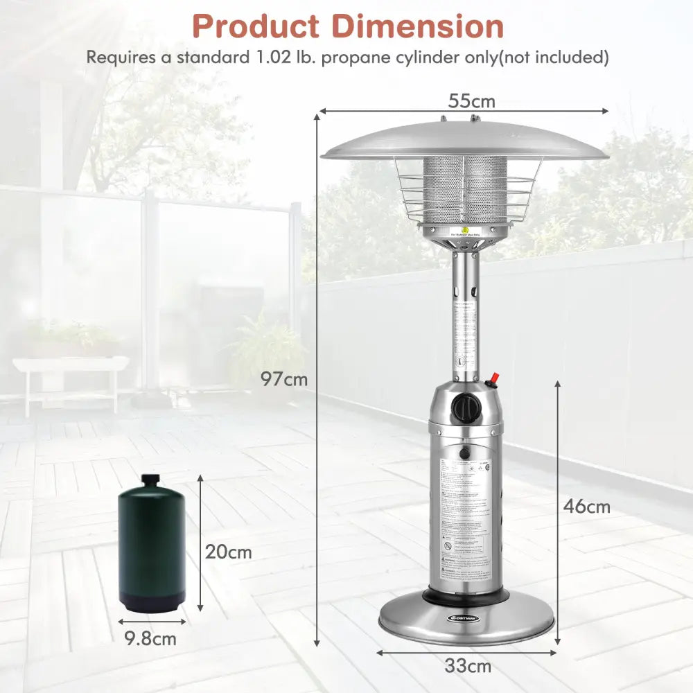 11 000BTU Portable Tabletop Patio Stainless Steel Standing Propane Heater - Silver - Patio Heaters