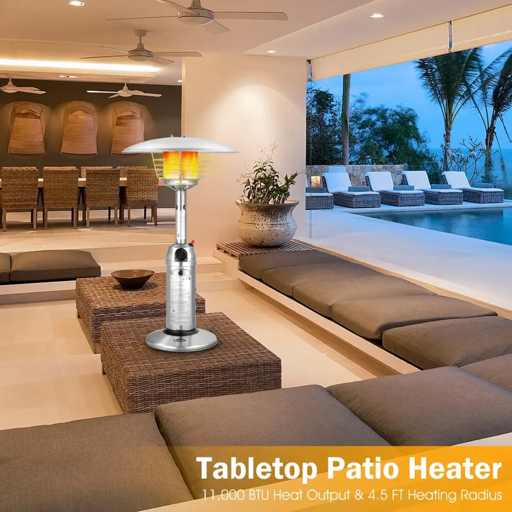 11 000BTU Portable Tabletop Patio Stainless Steel Standing Propane Heater - Silver - Patio Heaters