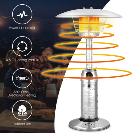 11 000BTU Portable Tabletop Patio Stainless Steel Standing Propane Heater - Silver - Patio Heaters
