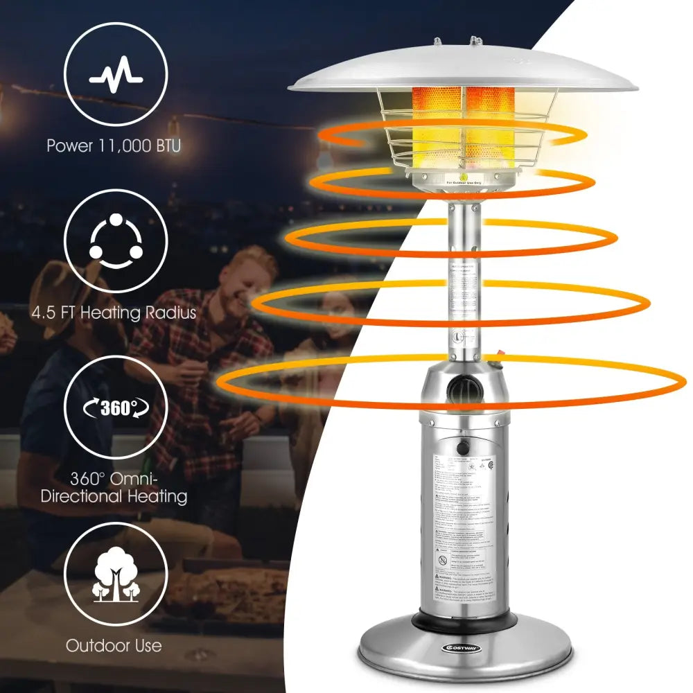 11 000BTU Portable Tabletop Patio Stainless Steel Standing Propane Heater - Silver - Patio Heaters