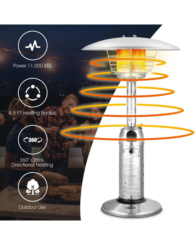11 000BTU Portable Tabletop Patio Stainless Steel Standing Propane Heater - Silver - Patio Heaters
