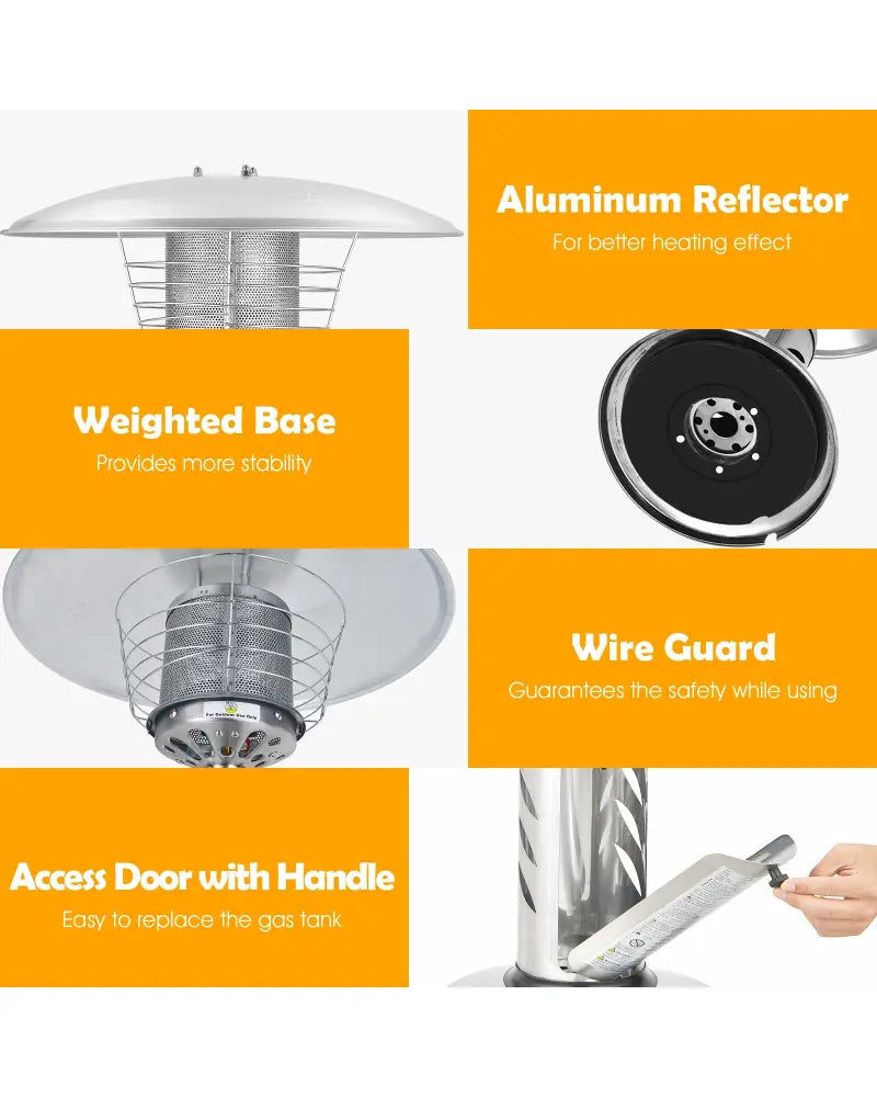 11 000BTU Portable Tabletop Patio Stainless Steel Standing Propane Heater - Silver - Patio Heaters