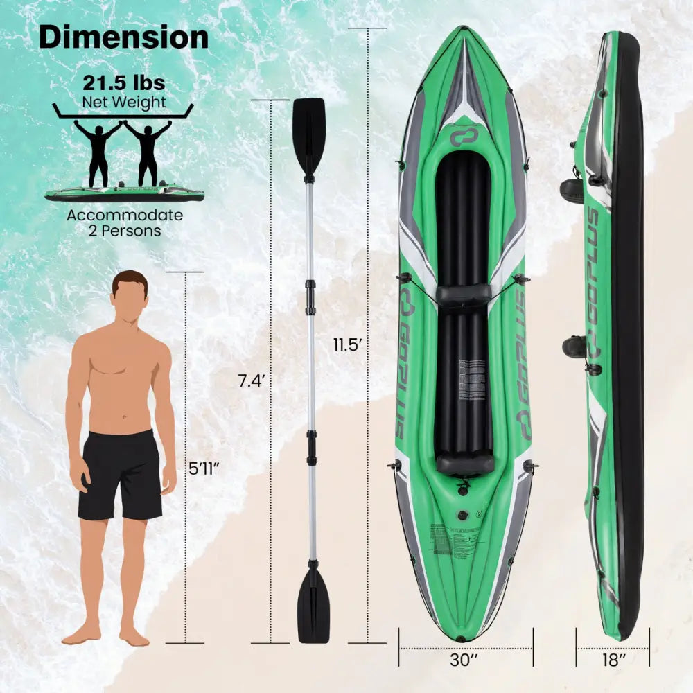 11.5 Feet Inflatable Kayak 2 Person Heavy Duty with Aluminum Paddles-Green - Green - Water Sports