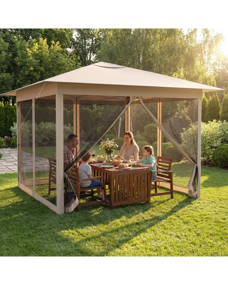 11.5 x 11.5 FT Pop-up Canopy Instant One-Person Setup with Mesh Screen Netting-Beige - Beige - Canopies