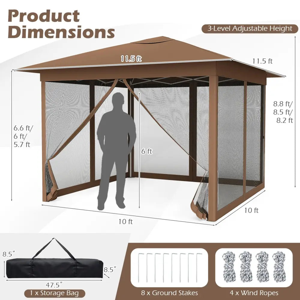 11.5 x 11.5 FT Pop-up Canopy Instant One-Person Setup with Mesh Screen Netting-Brown - Brown - Canopies