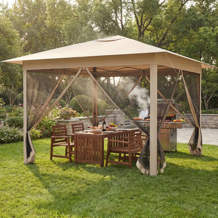 11.5 x 11.5 FT Pop-up Canopy Instant One-Person Setup with Mesh Screen Netting-Beige - Beige - Canopies