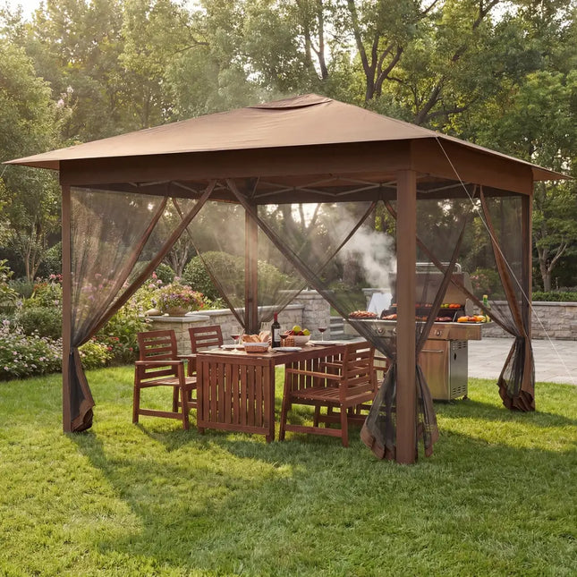 11.5 x 11.5 FT Pop-up Canopy Instant One-Person Setup with Mesh Screen Netting-Brown - Brown - Canopies