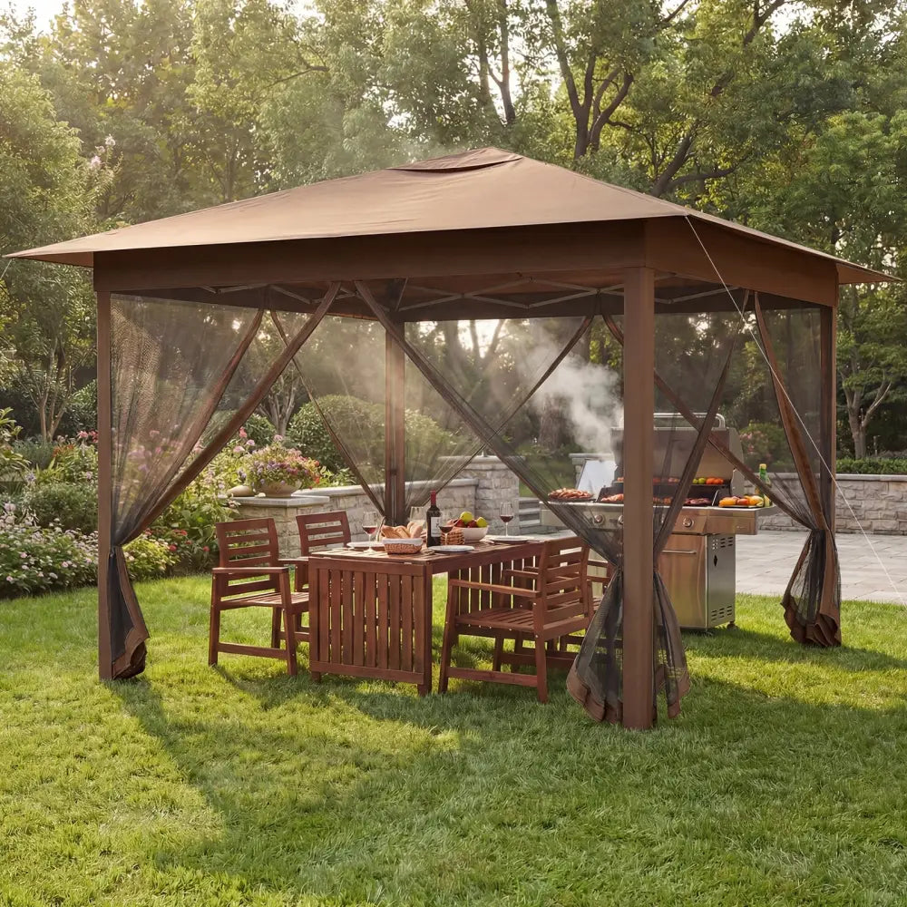 11.5 x 11.5 FT Pop-up Canopy Instant One-Person Setup with Mesh Screen Netting-Brown - Brown - Canopies