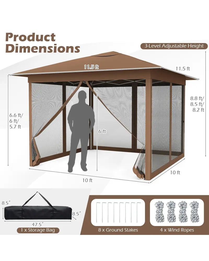 11.5 x 11.5 FT Pop-up Canopy Instant One-Person Setup with Mesh Screen Netting-Brown - Brown - Canopies