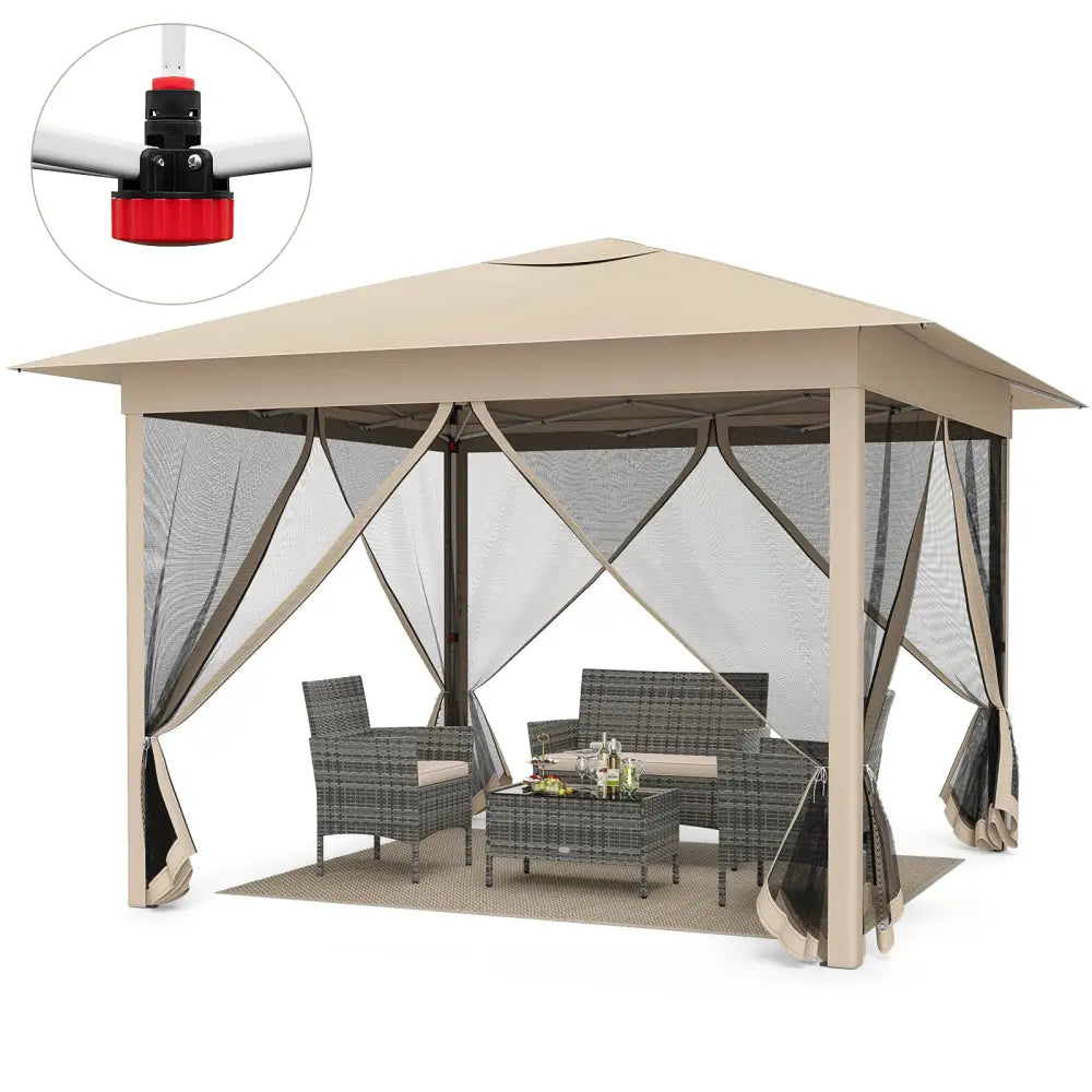 11.5 x 11.5 FT Pop-up Canopy Instant One-Person Setup with Mesh Screen Netting-Beige - Beige - Canopies