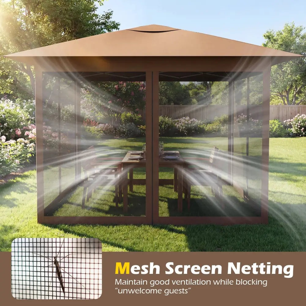 11.5 x 11.5 FT Pop-up Canopy Instant One-Person Setup with Mesh Screen Netting-Brown - Brown - Canopies