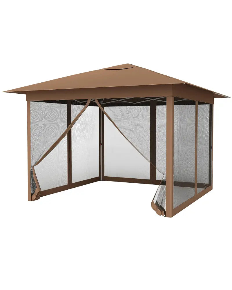 11.5 x 11.5 FT Pop-up Canopy Instant One-Person Setup with Mesh Screen Netting-Brown - Brown - Canopies