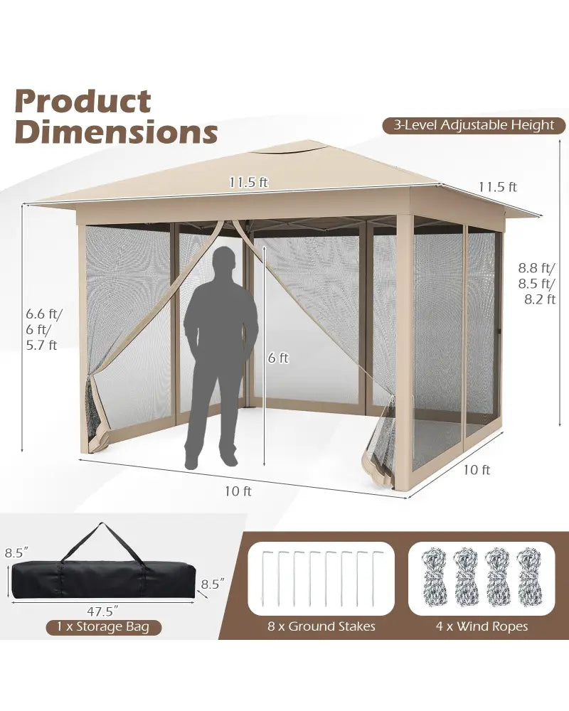 11.5 x 11.5 FT Pop-up Canopy Instant One-Person Setup with Mesh Screen Netting-Beige - Beige - Canopies