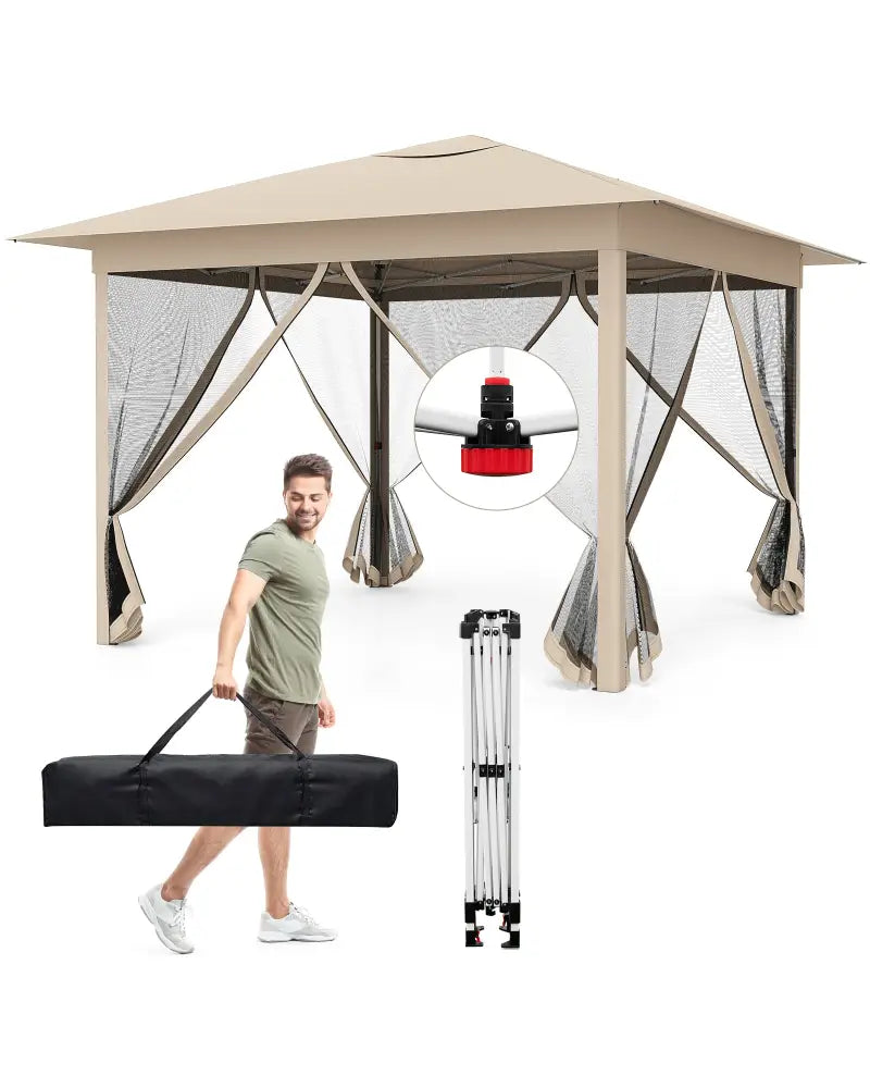 11.5 x 11.5 FT Pop-up Canopy Instant One-Person Setup with Mesh Screen Netting-Beige - Beige - Canopies