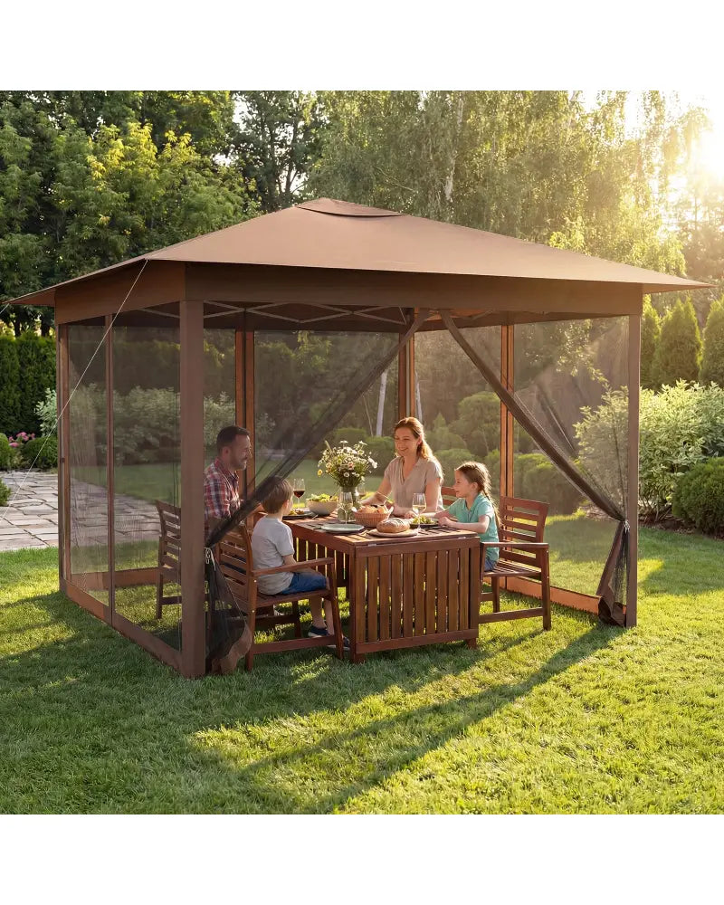 11.5 x 11.5 FT Pop-up Canopy Instant One-Person Setup with Mesh Screen Netting-Brown - Brown - Canopies