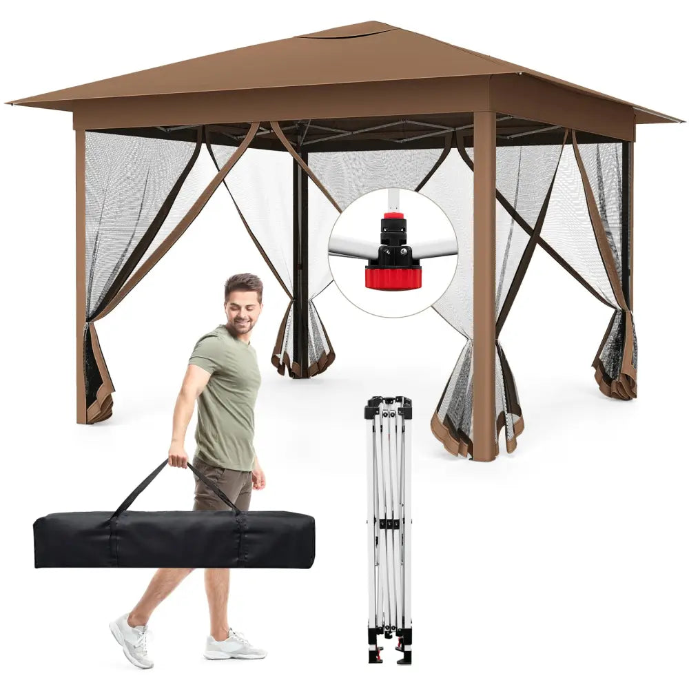 11.5 x 11.5 FT Pop-up Canopy Instant One-Person Setup with Mesh Screen Netting-Brown - Brown - Canopies