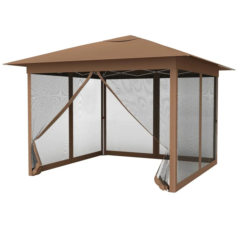 11.5 x 11.5 FT Pop-up Canopy Instant One-Person Setup with Mesh Screen Netting-Brown - Brown - Canopies