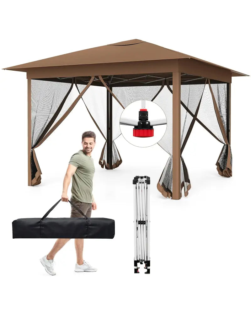 11.5 x 11.5 FT Pop-up Canopy Instant One-Person Setup with Mesh Screen Netting-Brown - Brown - Canopies