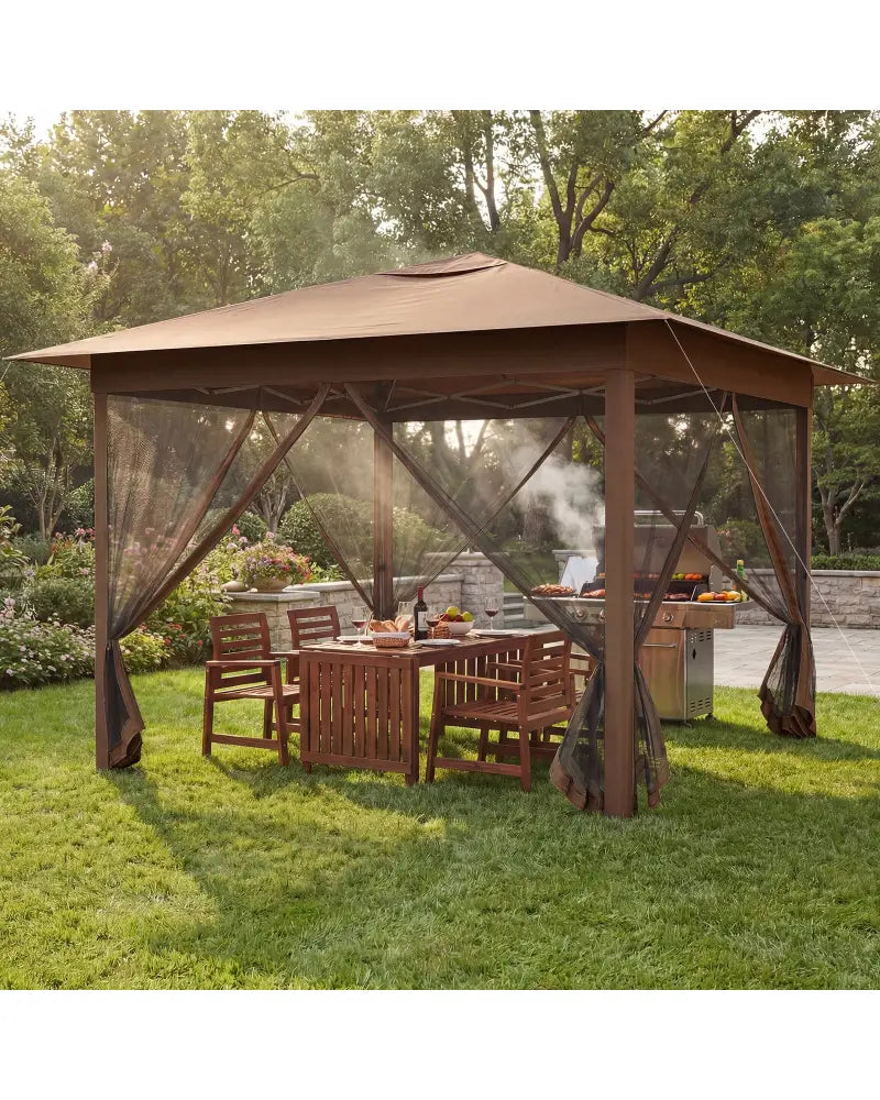 11.5 x 11.5 FT Pop-up Canopy Instant One-Person Setup with Mesh Screen Netting-Brown - Brown - Canopies