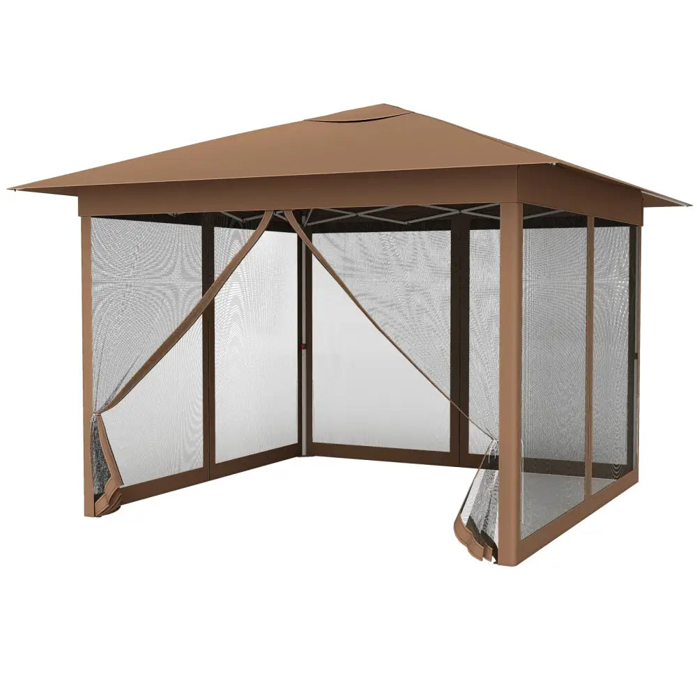 11.5 x 11.5 FT Pop-up Canopy Instant One-Person Setup with Mesh Screen Netting-Brown - Brown - Canopies