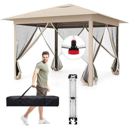 11.5 x 11.5 FT Pop-up Canopy Instant One-Person Setup with Mesh Screen Netting-Beige - Beige - Canopies