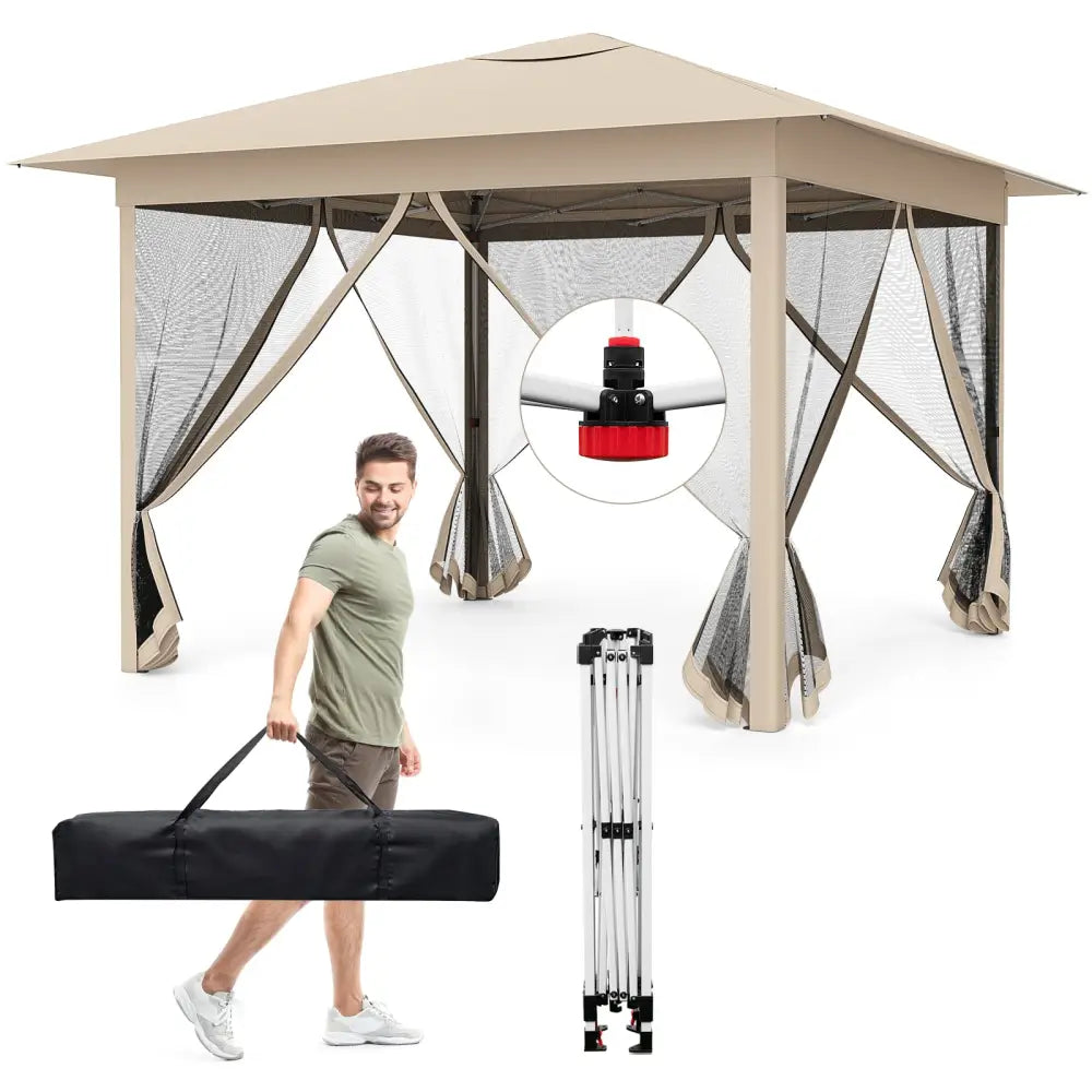 11.5 x 11.5 FT Pop-up Canopy Instant One-Person Setup with Mesh Screen Netting-Beige - Beige - Canopies
