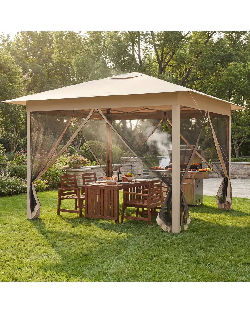 11.5 x 11.5 FT Pop-up Canopy Instant One-Person Setup with Mesh Screen Netting-Beige - Beige - Canopies