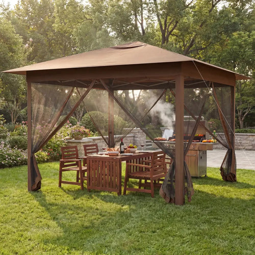 11.5 x 11.5 FT Pop-up Canopy Instant One-Person Setup with Mesh Screen Netting-Brown - Brown - Canopies